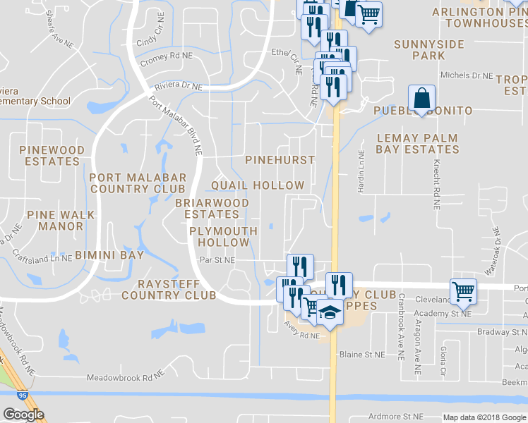 map of restaurants, bars, coffee shops, grocery stores, and more near 1007 Hooper Avenue Northeast in Palm Bay