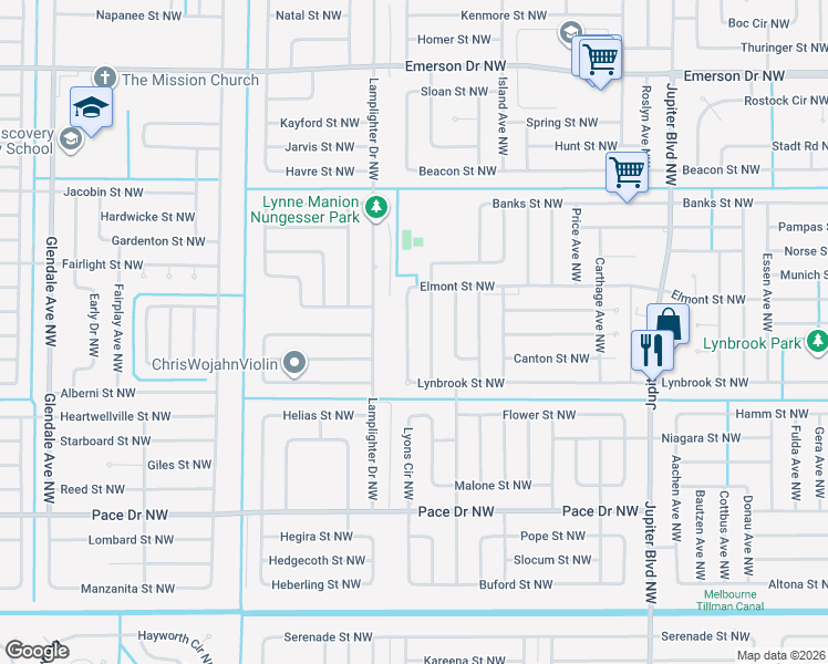 map of restaurants, bars, coffee shops, grocery stores, and more near 1025 Camden Avenue Northwest in Palm Bay