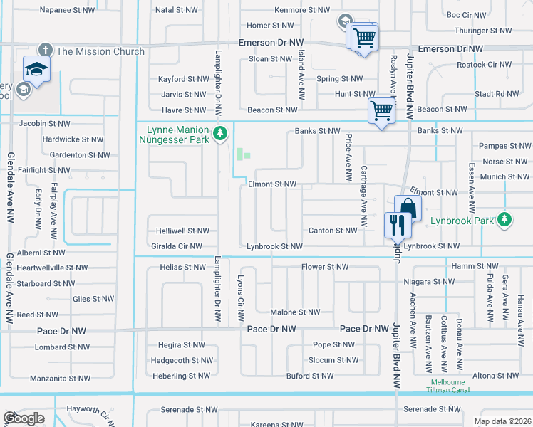map of restaurants, bars, coffee shops, grocery stores, and more near 1040 Lee Ave NW in Palm Bay