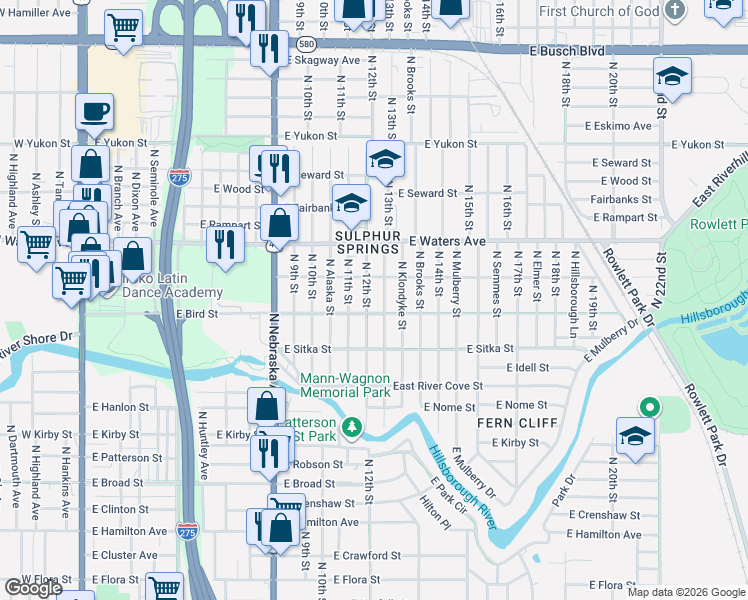 map of restaurants, bars, coffee shops, grocery stores, and more near 8208 North 12th Street in Tampa