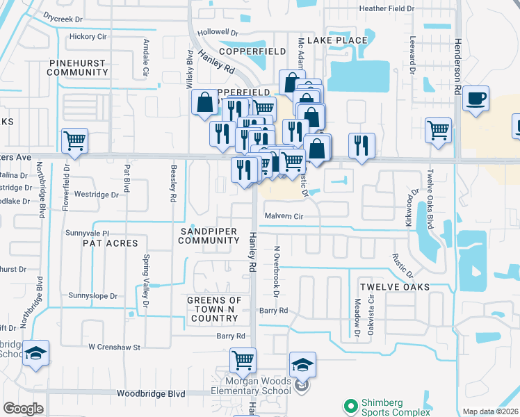 map of restaurants, bars, coffee shops, grocery stores, and more near 8239 Malvern Circle in Tampa