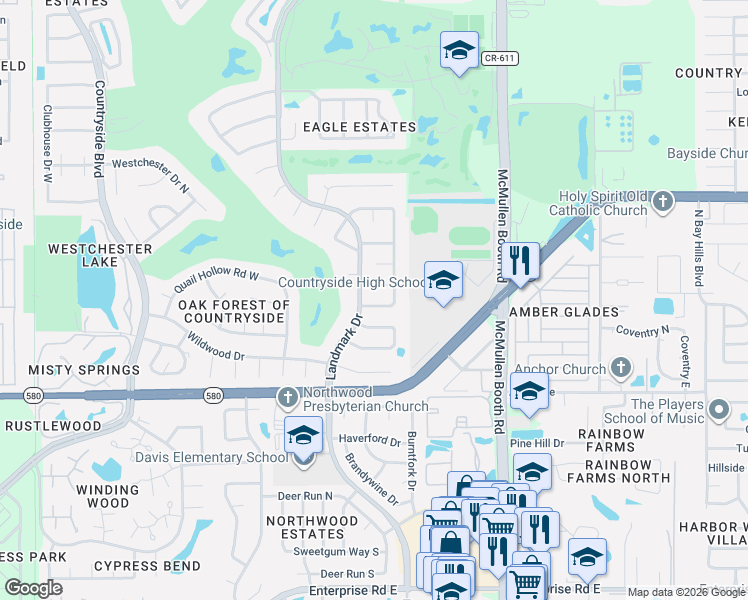 map of restaurants, bars, coffee shops, grocery stores, and more near 2964 Meadow Oak Drive South in Clearwater