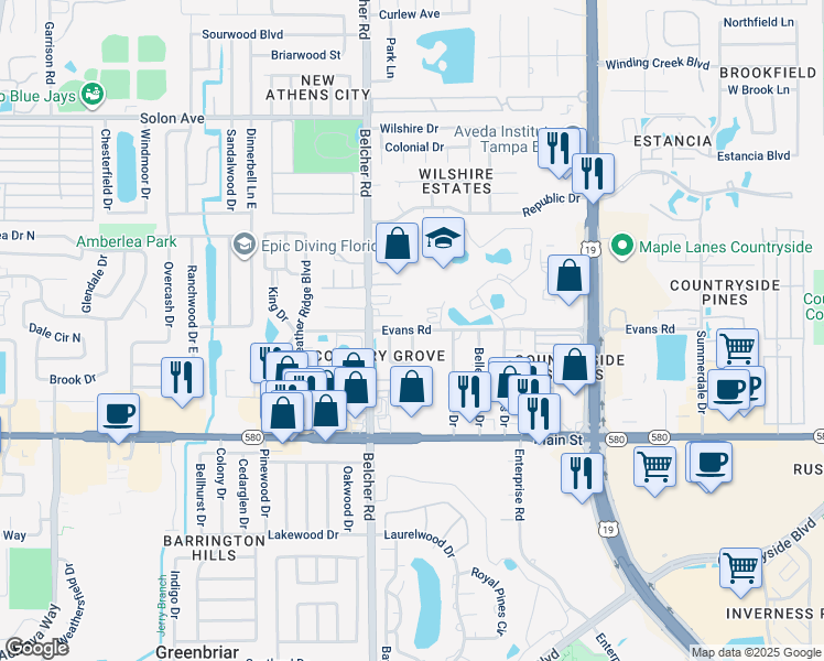 map of restaurants, bars, coffee shops, grocery stores, and more near 2248 Evans Road in Clearwater