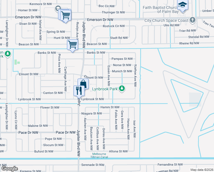 map of restaurants, bars, coffee shops, grocery stores, and more near 1016 Essen Avenue Northwest in Palm Bay