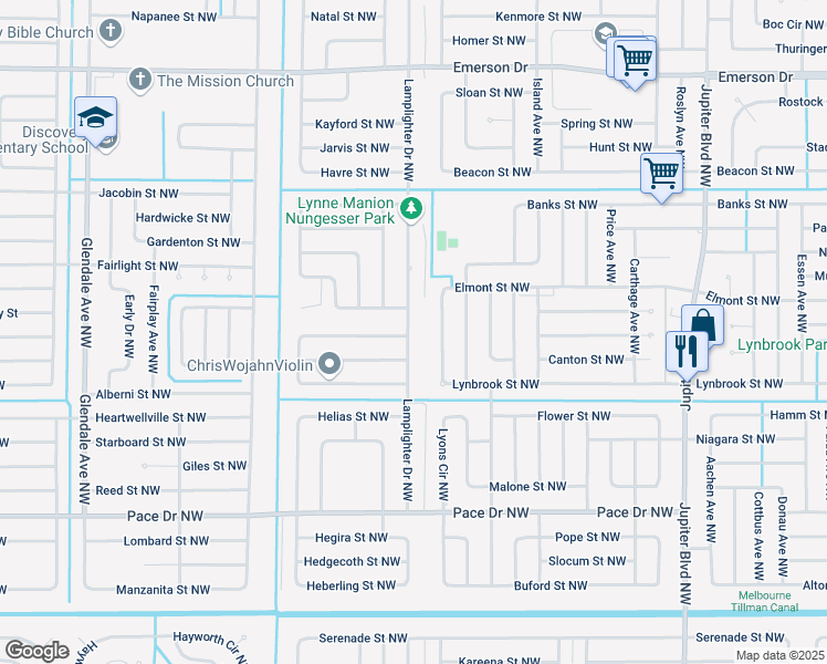 map of restaurants, bars, coffee shops, grocery stores, and more near 1015 Lamplighter Drive Northwest in Palm Bay