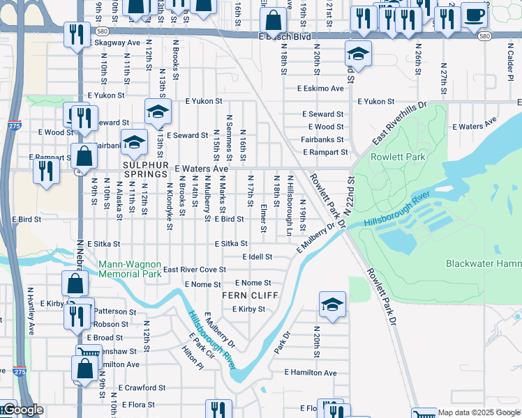 map of restaurants, bars, coffee shops, grocery stores, and more near 8208 Elmer Street in Tampa