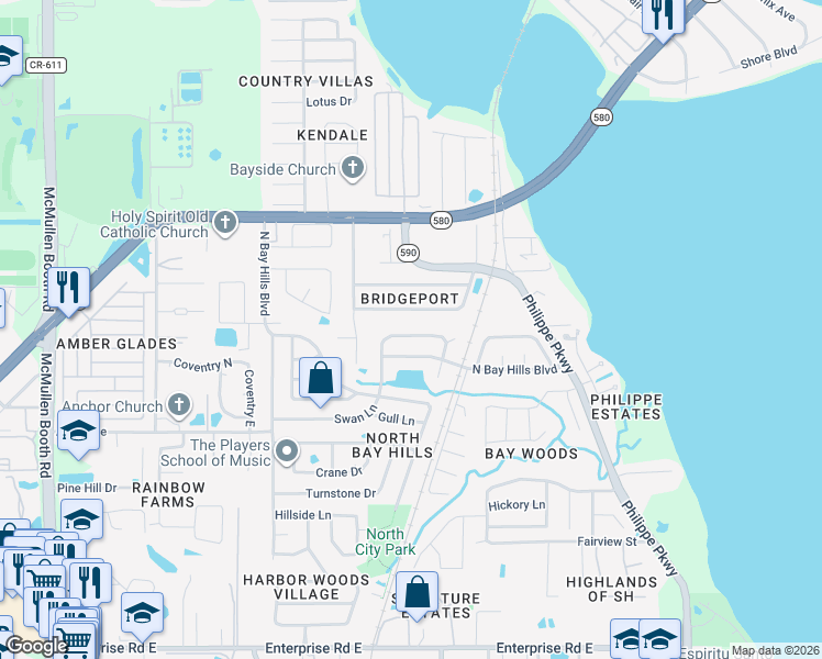 map of restaurants, bars, coffee shops, grocery stores, and more near 2116 Flamingo Place in Safety Harbor