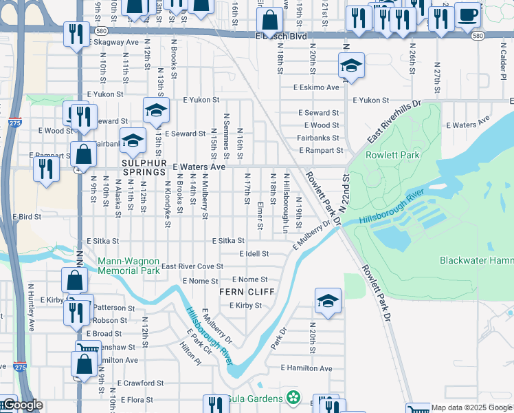 map of restaurants, bars, coffee shops, grocery stores, and more near 8208 North Elmer Street in Tampa