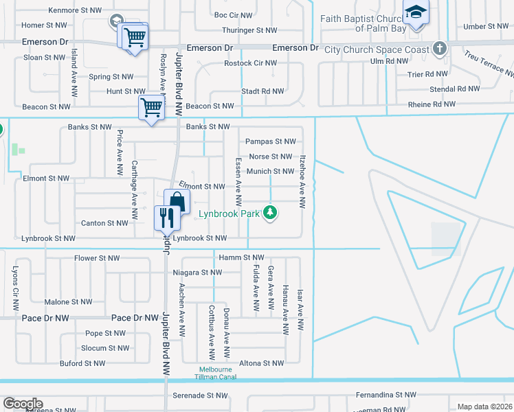 map of restaurants, bars, coffee shops, grocery stores, and more near 748 Kempten St NW in Palm Bay