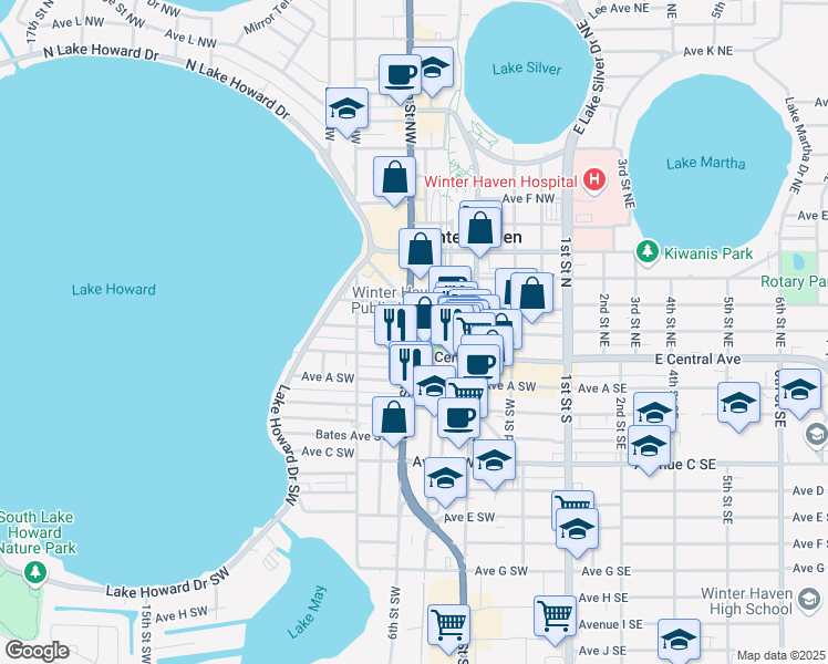 map of restaurants, bars, coffee shops, grocery stores, and more near in Winter Haven