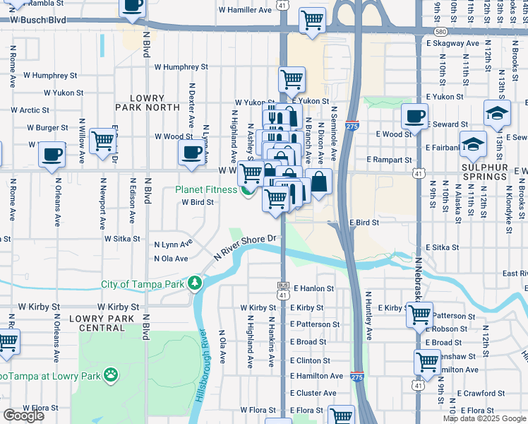 map of restaurants, bars, coffee shops, grocery stores, and more near 8220 North Florida Avenue in Tampa