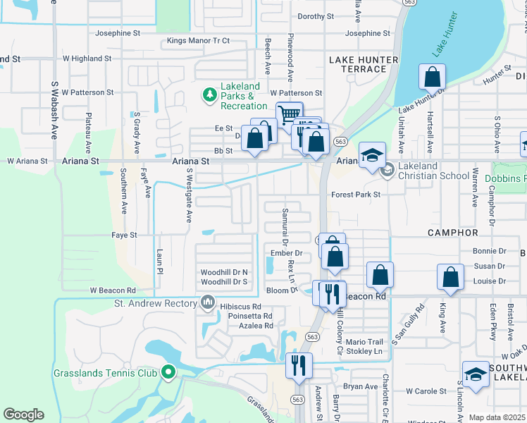 map of restaurants, bars, coffee shops, grocery stores, and more near Woodbrook Parkway in Lakeland
