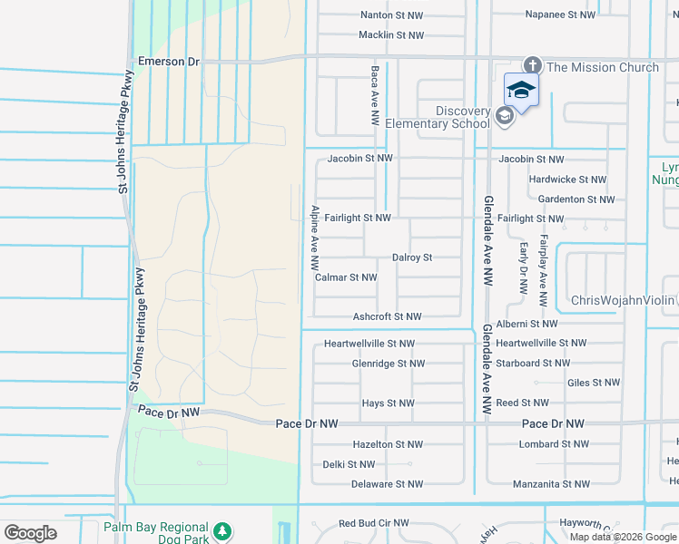 map of restaurants, bars, coffee shops, grocery stores, and more near 1861 Calmar Street Northwest in Palm Bay
