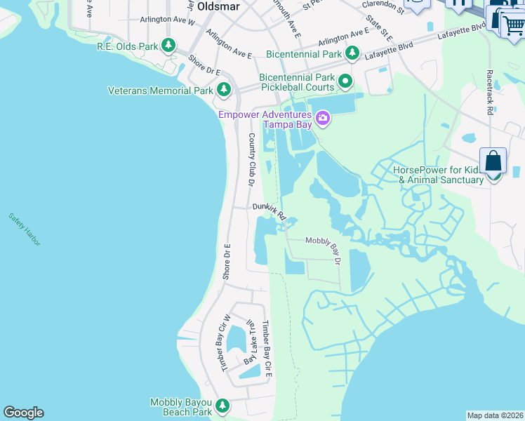 map of restaurants, bars, coffee shops, grocery stores, and more near 206 Dunkirk Road in Oldsmar