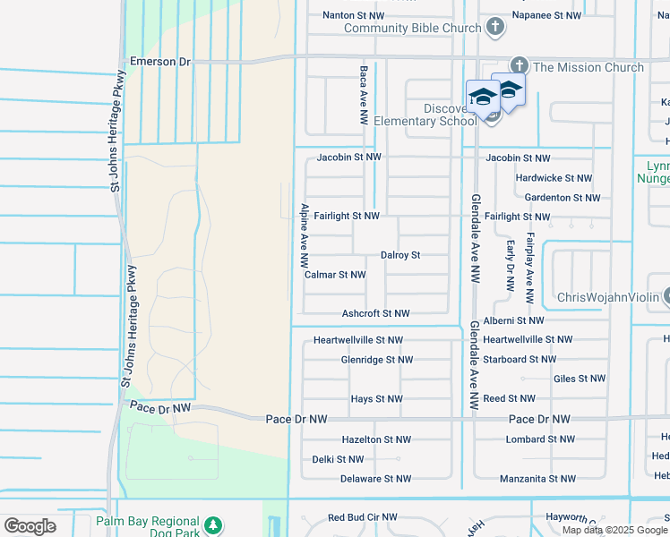 map of restaurants, bars, coffee shops, grocery stores, and more near 1861 Calmar Street Northwest in Palm Bay