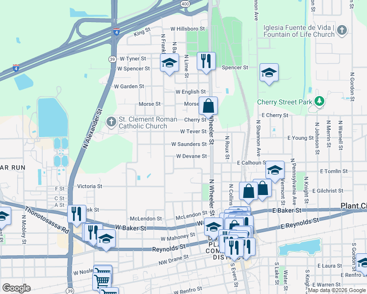 map of restaurants, bars, coffee shops, grocery stores, and more near 591 West Saunders Street in Plant City