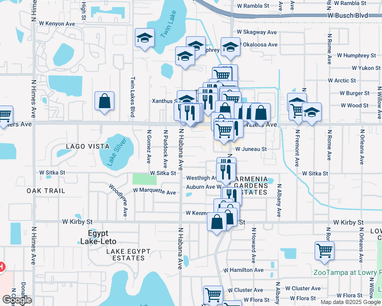 map of restaurants, bars, coffee shops, grocery stores, and more near 2707 West Bird Street in Tampa