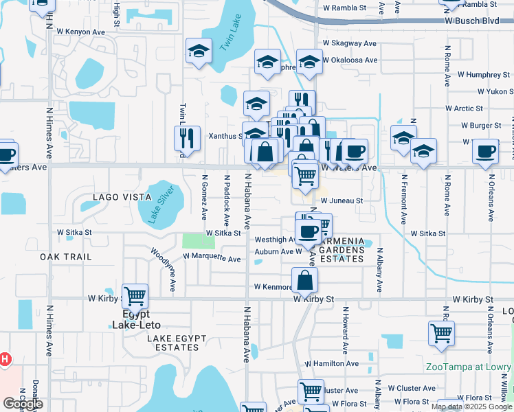 map of restaurants, bars, coffee shops, grocery stores, and more near 2707 West Bird Street in Tampa