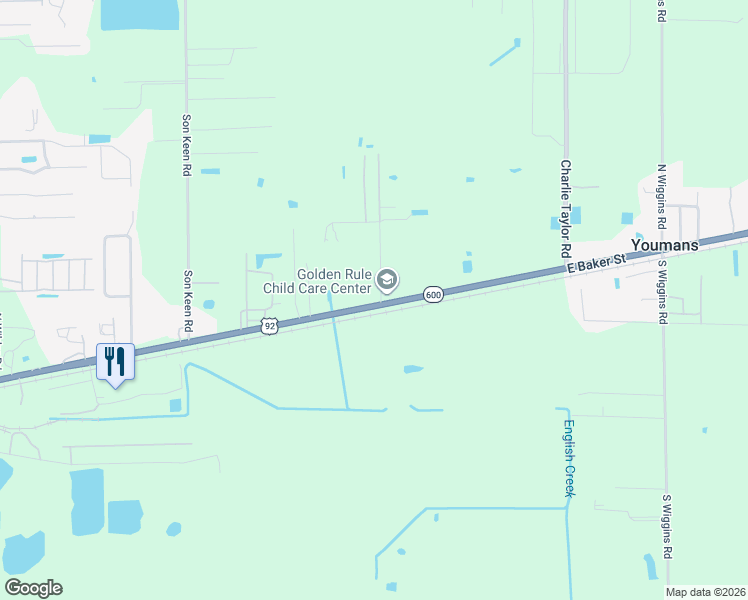map of restaurants, bars, coffee shops, grocery stores, and more near 104 Thrasher Road in Plant City