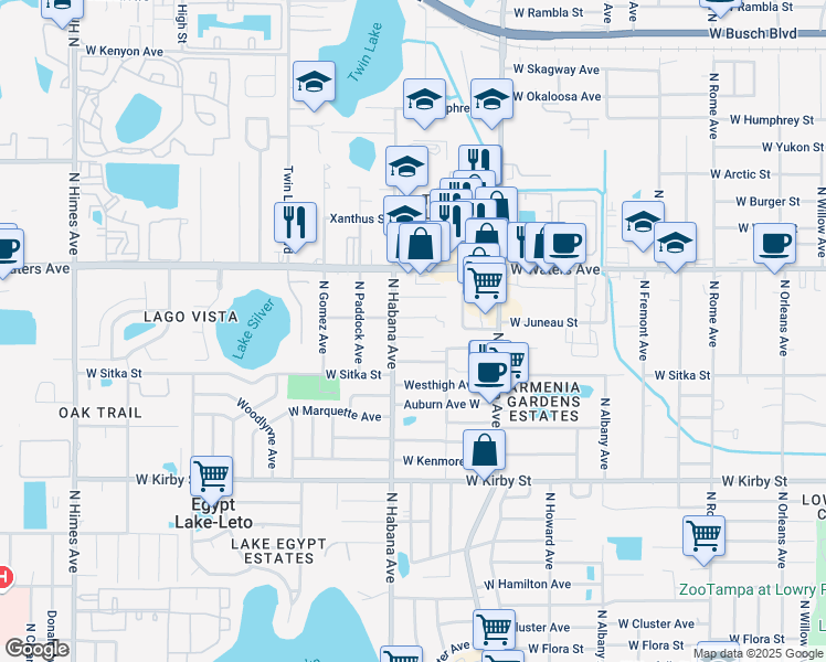 map of restaurants, bars, coffee shops, grocery stores, and more near 2707 West Bird Street in Tampa
