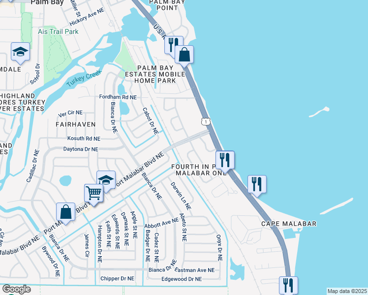 map of restaurants, bars, coffee shops, grocery stores, and more near 2418 Port Malabar Boulevard Northeast in Palm Bay