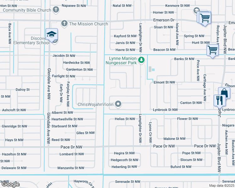 map of restaurants, bars, coffee shops, grocery stores, and more near 1338 Giralda Circle Northwest in Palm Bay