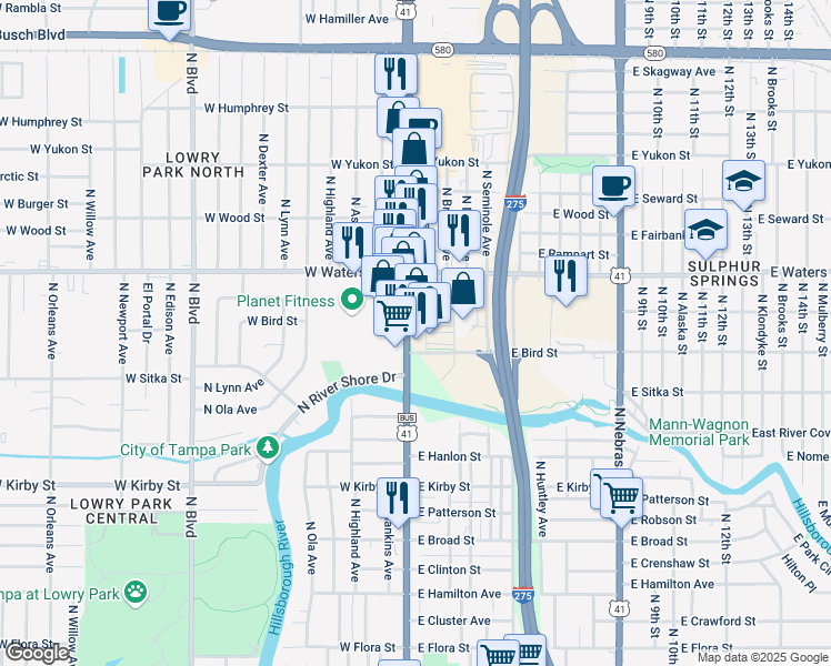 map of restaurants, bars, coffee shops, grocery stores, and more near 8219 North Florida Avenue in Tampa