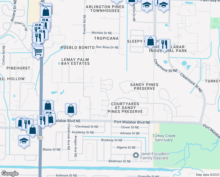 map of restaurants, bars, coffee shops, grocery stores, and more near 1014 Goldenrod Circle Northeast in Palm Bay