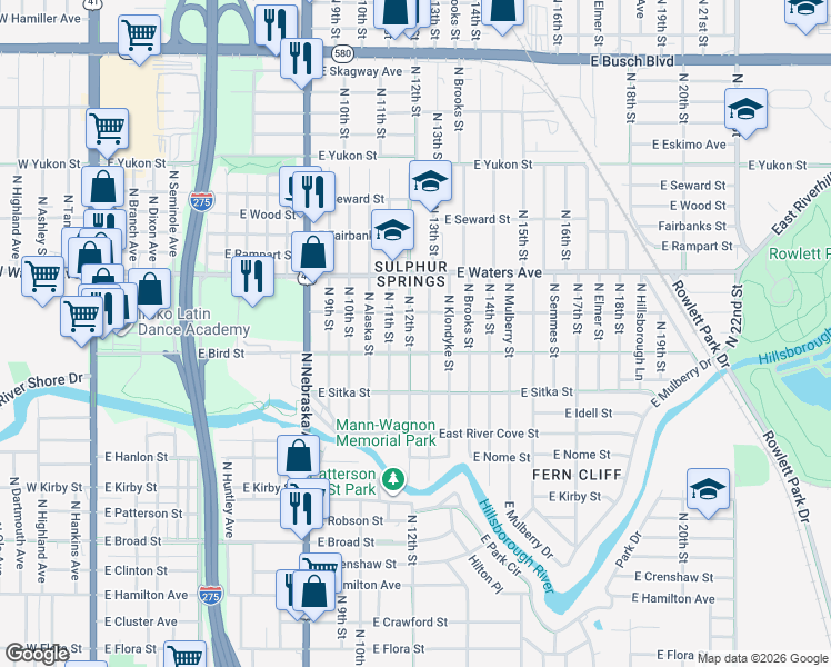 map of restaurants, bars, coffee shops, grocery stores, and more near 8208 North 12th Street in Tampa