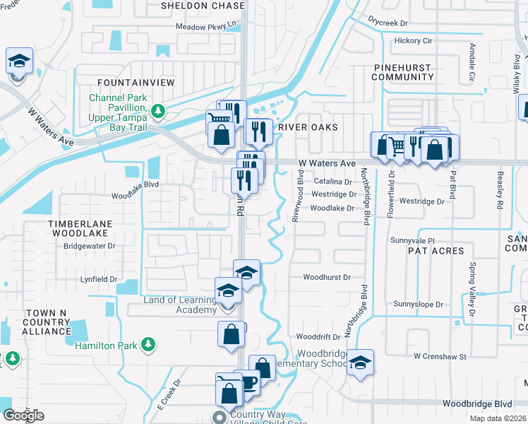 map of restaurants, bars, coffee shops, grocery stores, and more near 8707 Sheldon Creek Boulevard in Tampa