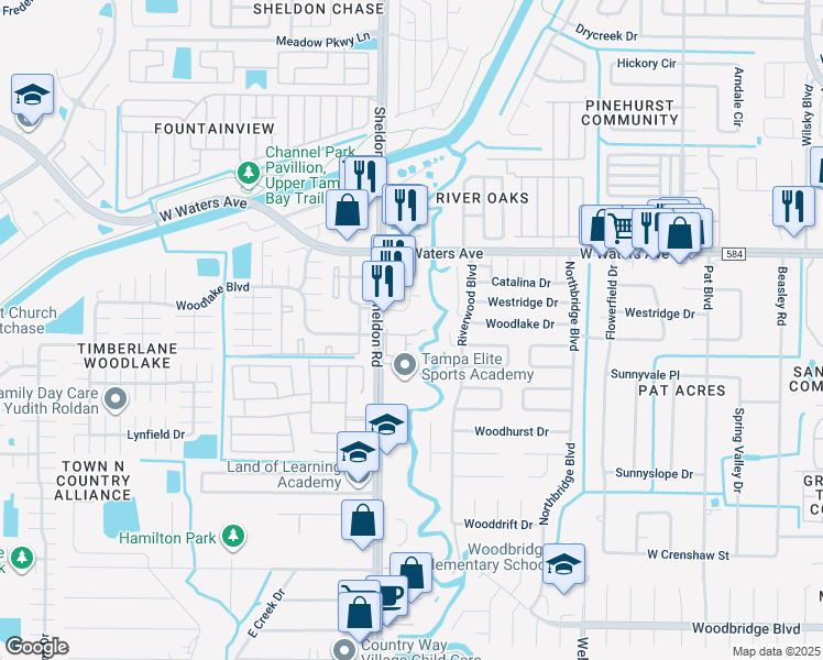 map of restaurants, bars, coffee shops, grocery stores, and more near 8125 Sheldon Road in Tampa