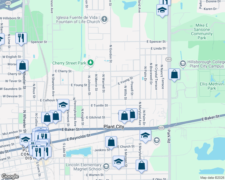 map of restaurants, bars, coffee shops, grocery stores, and more near 1004 North Gordon Street in Plant City