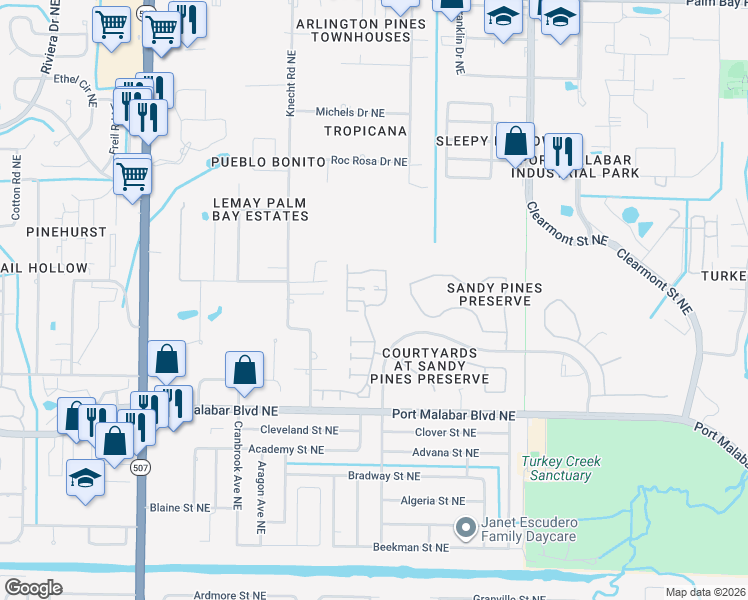 map of restaurants, bars, coffee shops, grocery stores, and more near 1002 Goldenrod Circle Northeast in Palm Bay