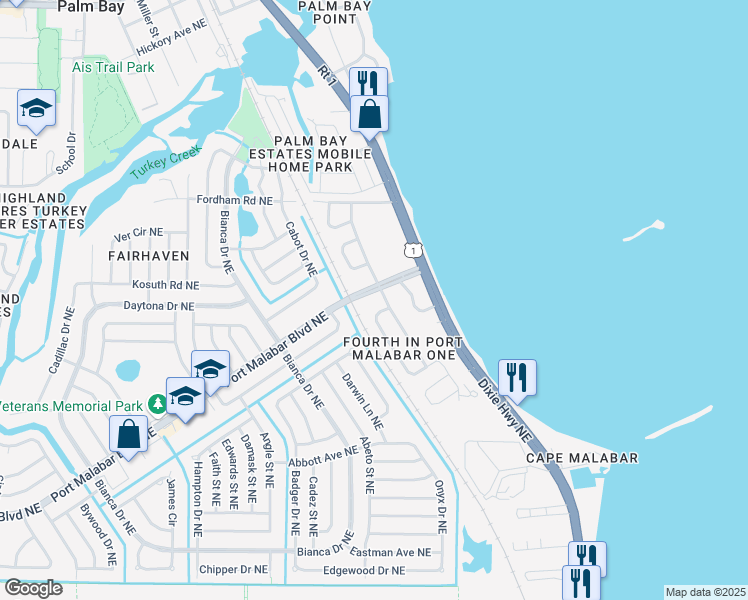 map of restaurants, bars, coffee shops, grocery stores, and more near 2418 Port Malabar Boulevard Northeast in Palm Bay