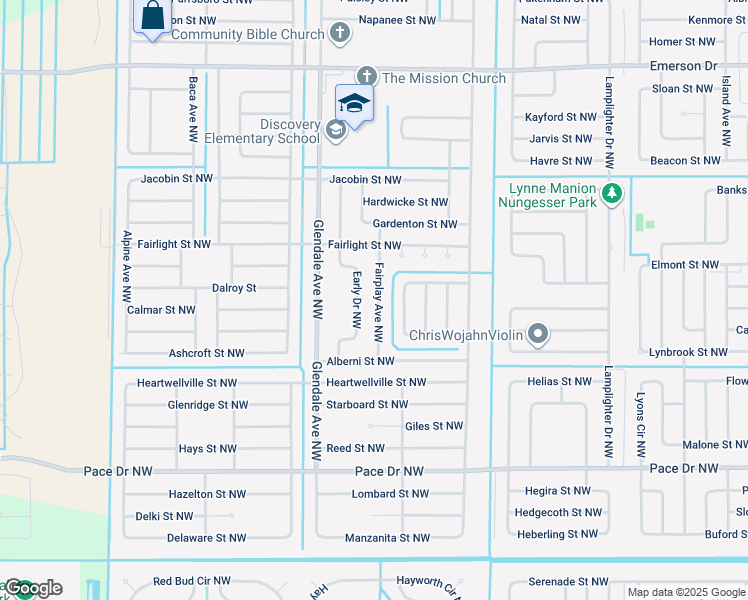 map of restaurants, bars, coffee shops, grocery stores, and more near 1047 Early Drive Northwest in Palm Bay