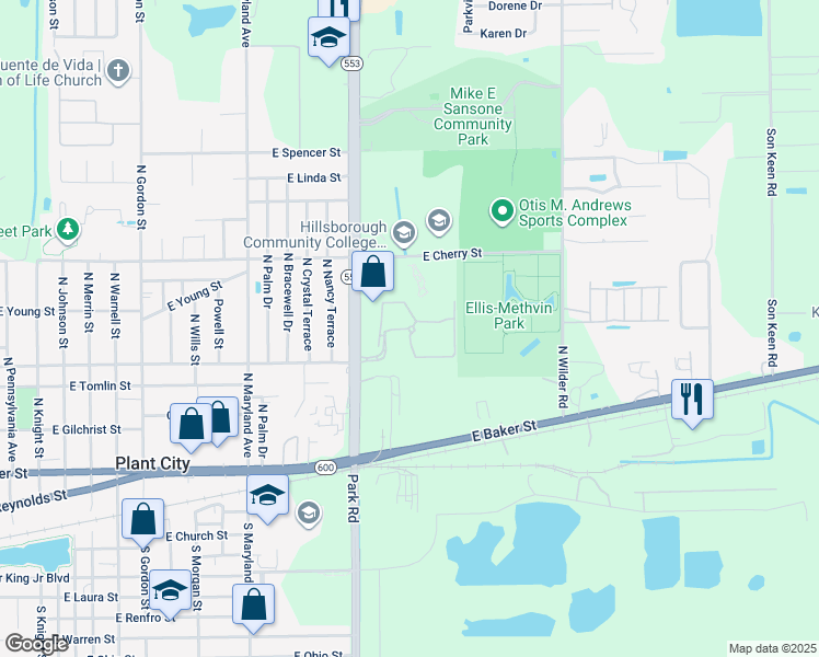 map of restaurants, bars, coffee shops, grocery stores, and more near 2202 Village Park Road in Plant City