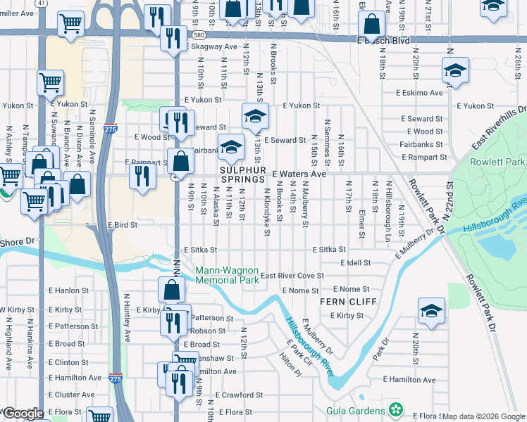 map of restaurants, bars, coffee shops, grocery stores, and more near 8206 North Klondyke Street in Tampa