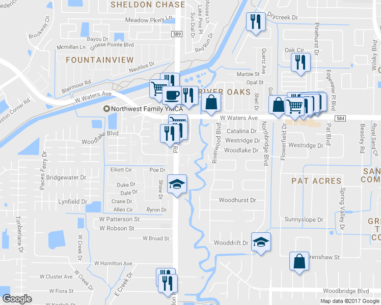 map of restaurants, bars, coffee shops, grocery stores, and more near 8125 Sheldon Road in Tampa