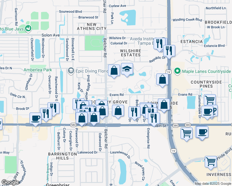map of restaurants, bars, coffee shops, grocery stores, and more near 2797 Country Way in Clearwater