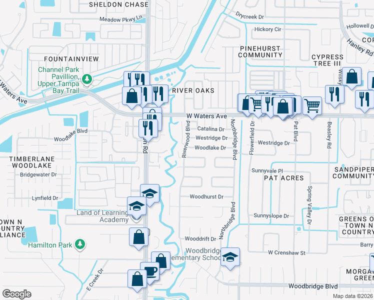 map of restaurants, bars, coffee shops, grocery stores, and more near 7941 Woodvine Circle in Tampa