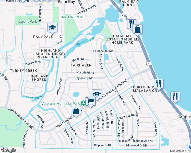 map of restaurants, bars, coffee shops, grocery stores, and more near 1140 Daytona Drive Northeast in Palm Bay