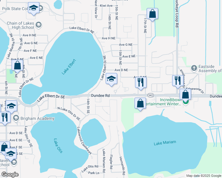 map of restaurants, bars, coffee shops, grocery stores, and more near 205 15th Street Northeast in Winter Haven