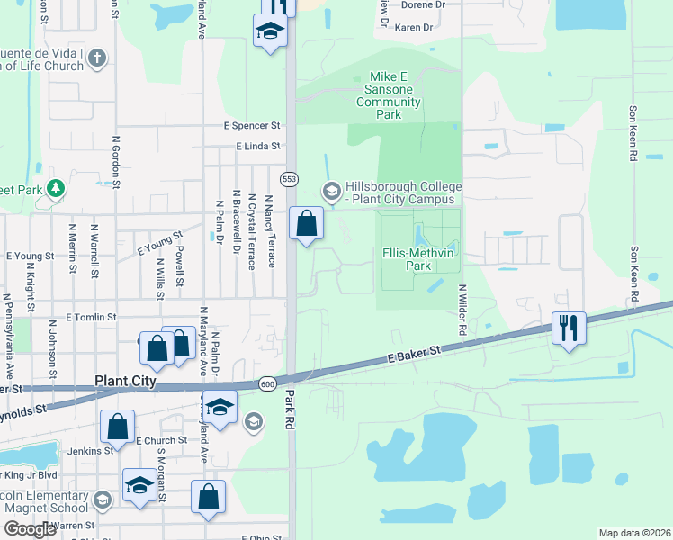 map of restaurants, bars, coffee shops, grocery stores, and more near 2202 Village Park Road in Plant City