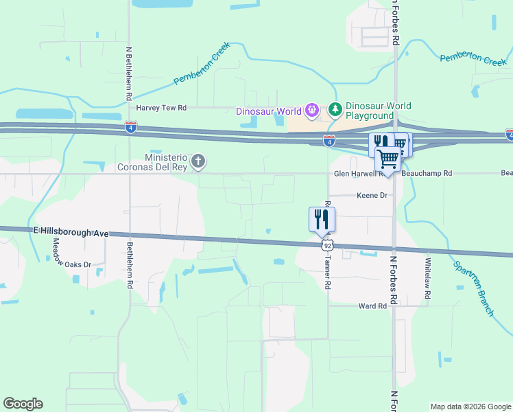 map of restaurants, bars, coffee shops, grocery stores, and more near 5617 Glen Harwell Road in Plant City