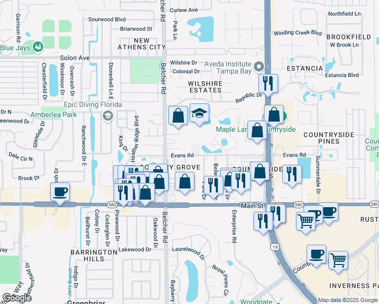 map of restaurants, bars, coffee shops, grocery stores, and more near 2248 Evans Road in Clearwater