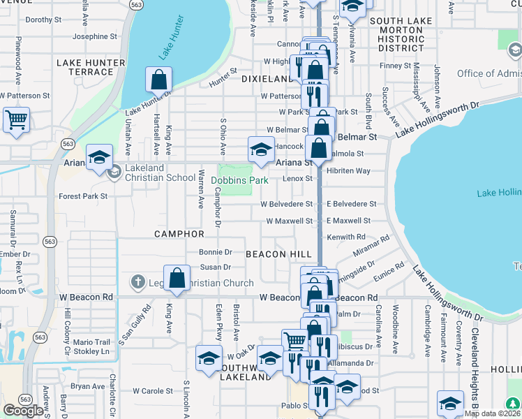 map of restaurants, bars, coffee shops, grocery stores, and more near 401 West Maxwell Street in Lakeland