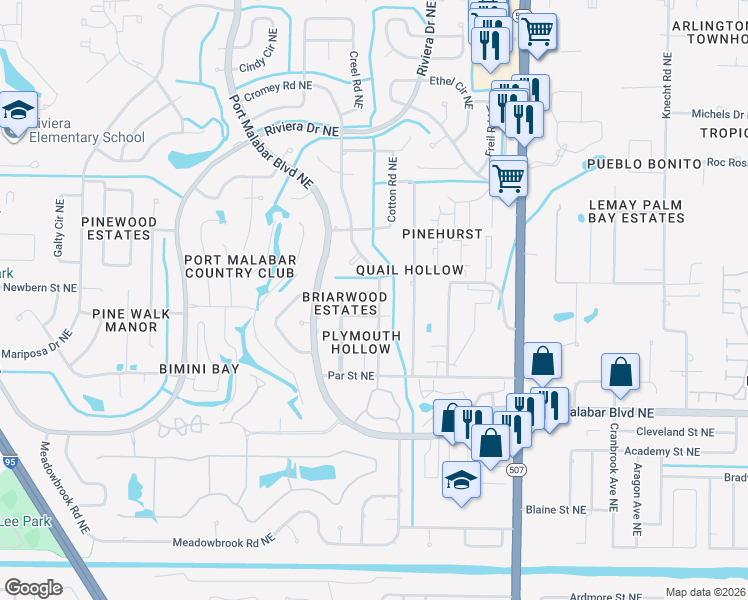 map of restaurants, bars, coffee shops, grocery stores, and more near 1594 Breese Street Northeast in Palm Bay