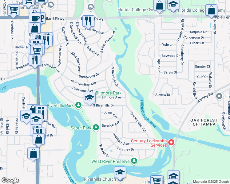 map of restaurants, bars, coffee shops, grocery stores, and more near 436 Pinehurst Avenue in Tampa