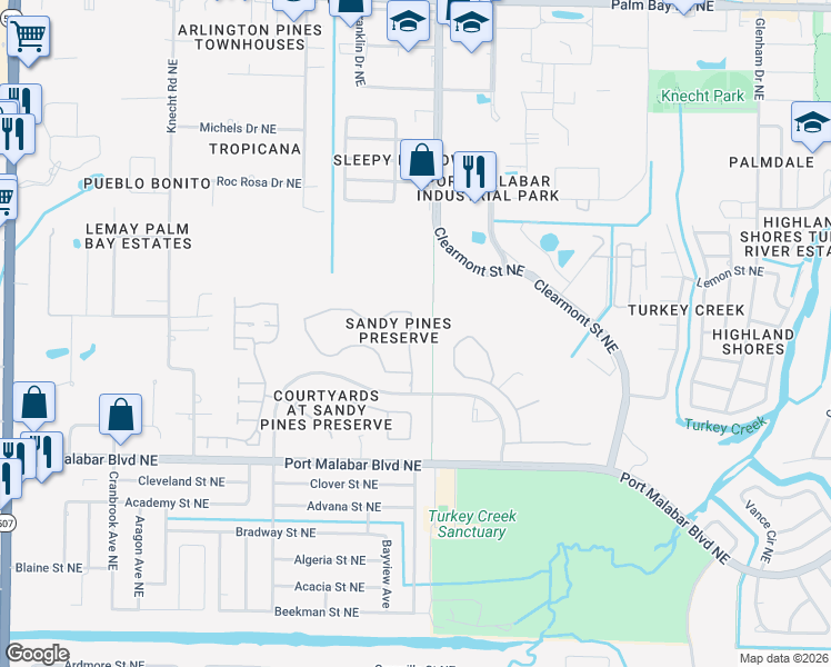 map of restaurants, bars, coffee shops, grocery stores, and more near 2255 Spring Creek Circle in Palm Bay