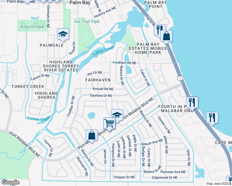 map of restaurants, bars, coffee shops, grocery stores, and more near 1161 Daytona Drive Northeast in Palm Bay